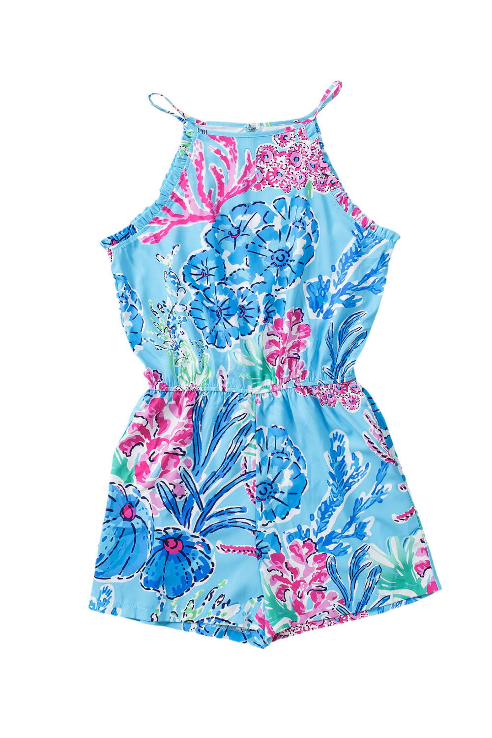 Floral Print Pocketed Frill Sleeveless Romper