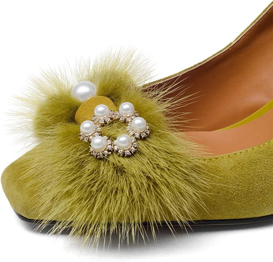 Suede Leather Women'S Square Toe Chunky Heels Vintage Floral Handmade Dress Pump Shoes with Fur Pearl