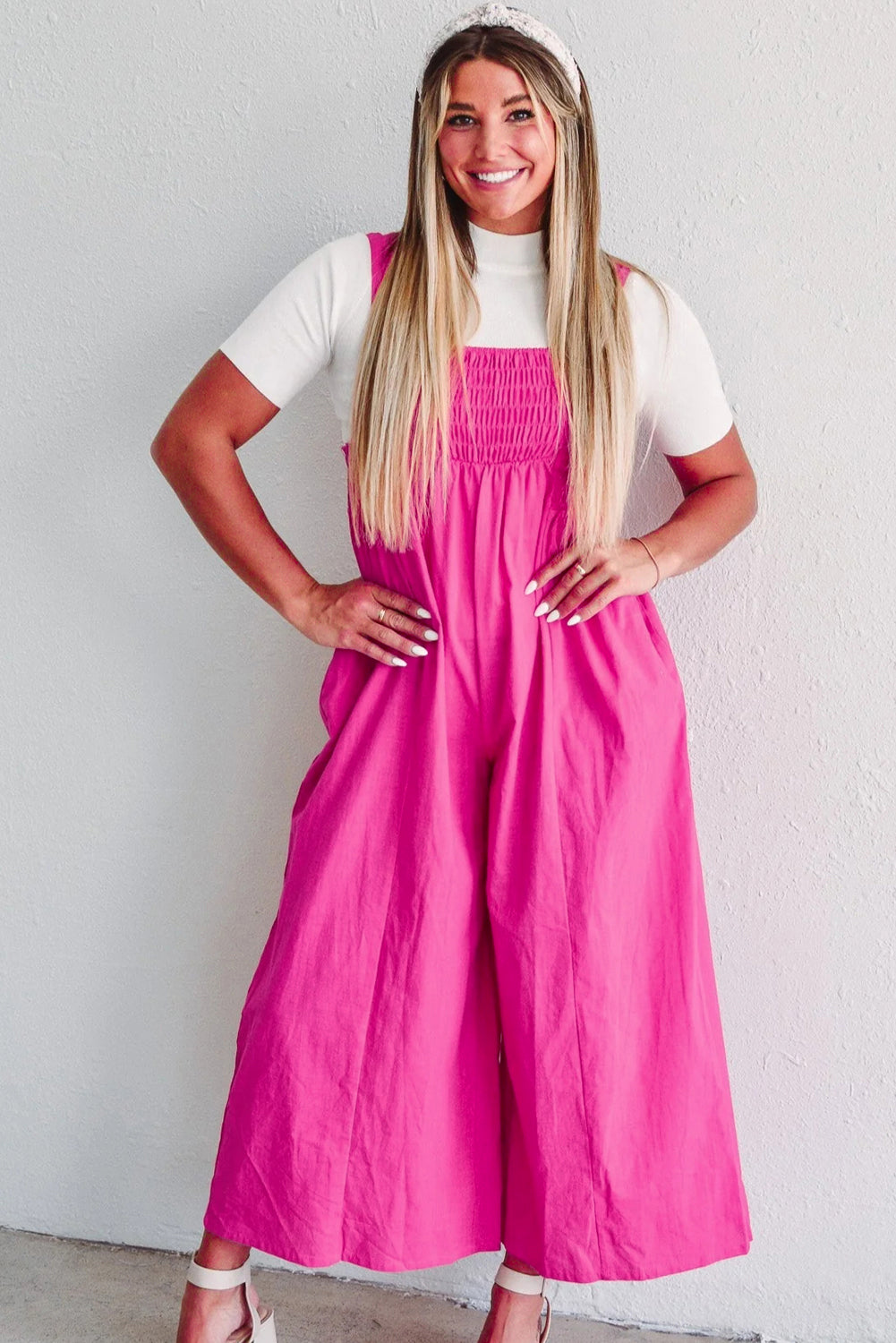 Strawberry Pink Wide Straps Smocked Detail Wide Leg Overalls