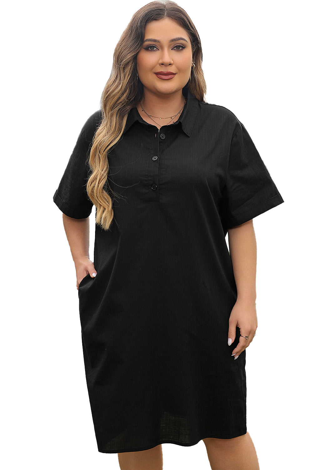 Black Plus Size Shirt Collar Buttoned Short Sleeve Shift Dress