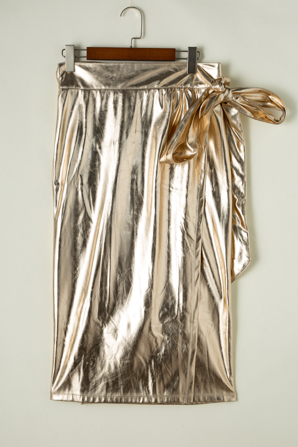 Gold Metallic Leather Knotted Wrap Midi Skirt