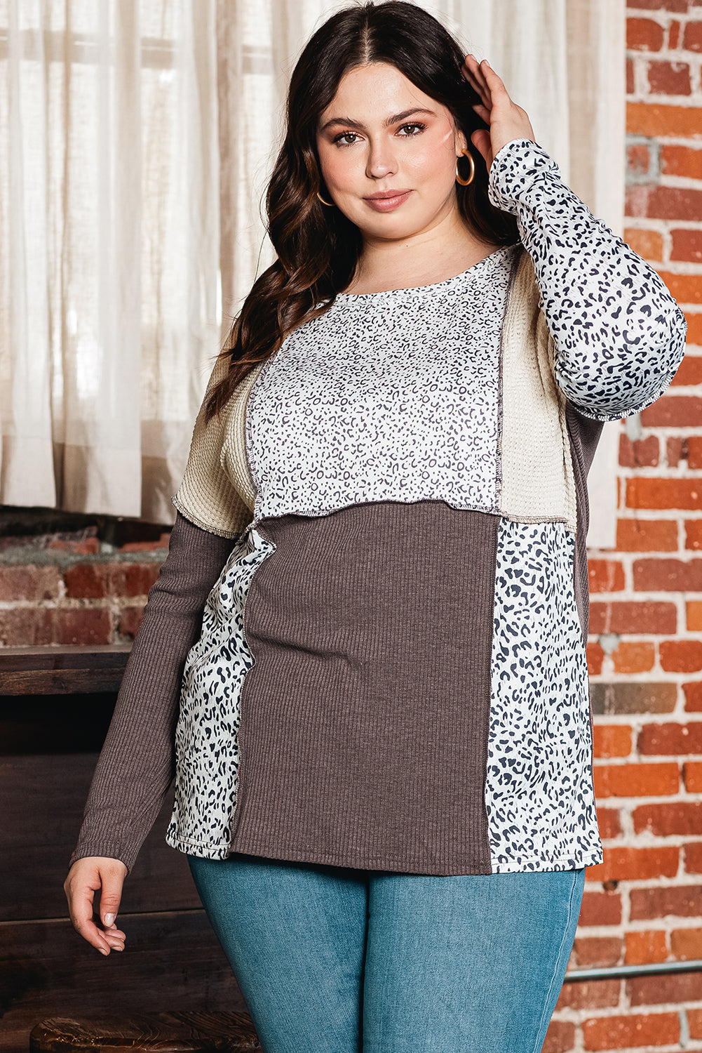 Brown Plus Size Leopard Waffle Ribbed Knit Patchwork Top