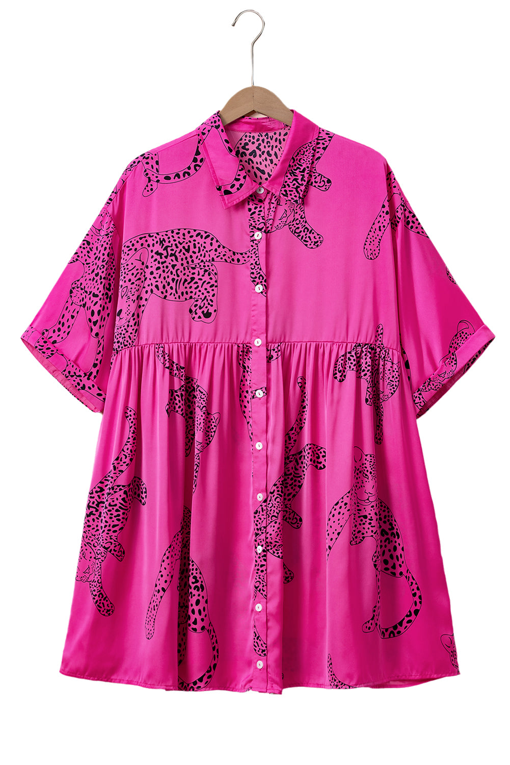 Rose Cheetah Print Half Sleeve Buttoned Plus Size Mini Dress