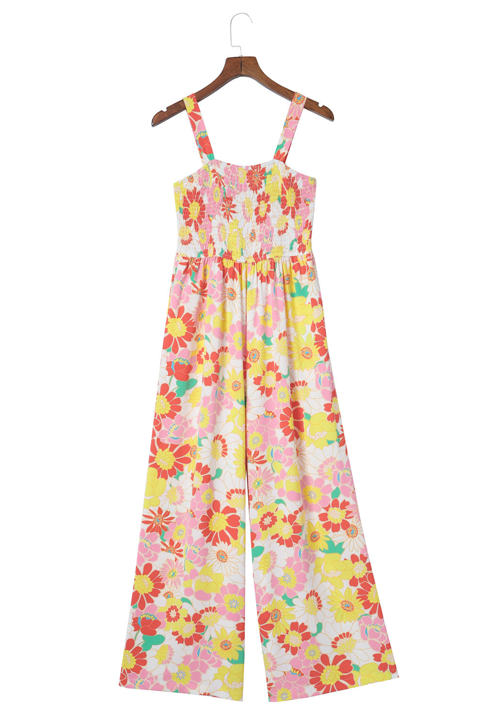 Multicolor Floral Print Shirred Sleeveless Wide Leg Jumpsuit